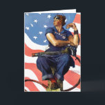 "Rosie the Riveter" Card<br><div class="desc">Norman Rockwell | Woman factory worker,  flag behind,  Mein Kampf at feet</div>
