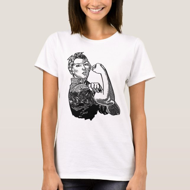 Rosie-The-Riveter Feminist Graphic Line Art Black T-Shirt (Front)