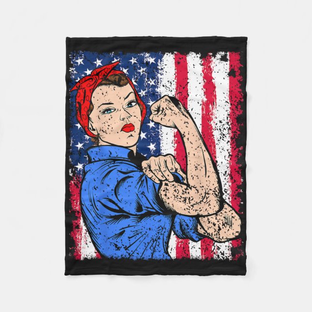 Rosie The Riveter Feminist Patriotic Usa Flag 4th  Fleece Blanket (Front)