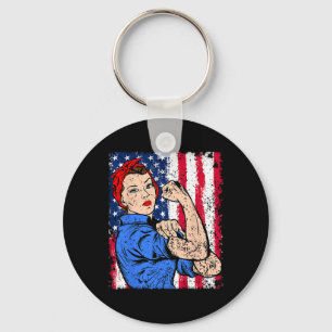 Rosie The Riveter Feminist Patriotic Usa Flag 4th Key Ring