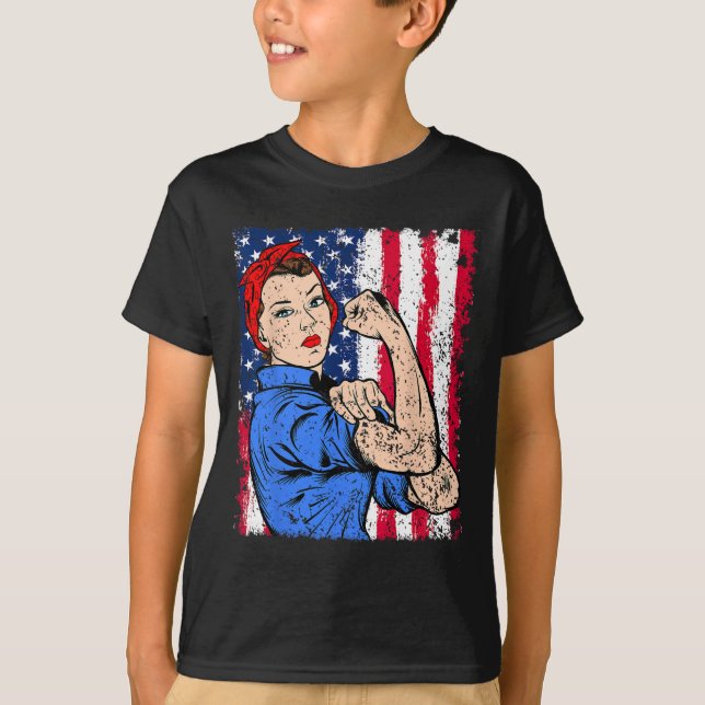 Rosie The Riveter Feminist Patriotic Usa Flag 4th  T-Shirt (Front)