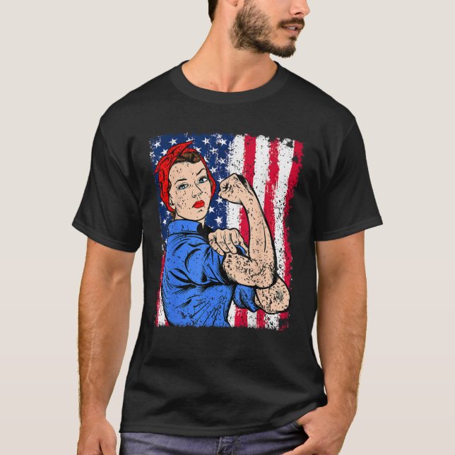 Rosie The Riveter Feminist Patriotic USA Flag 4th  T-Shirt (Front)