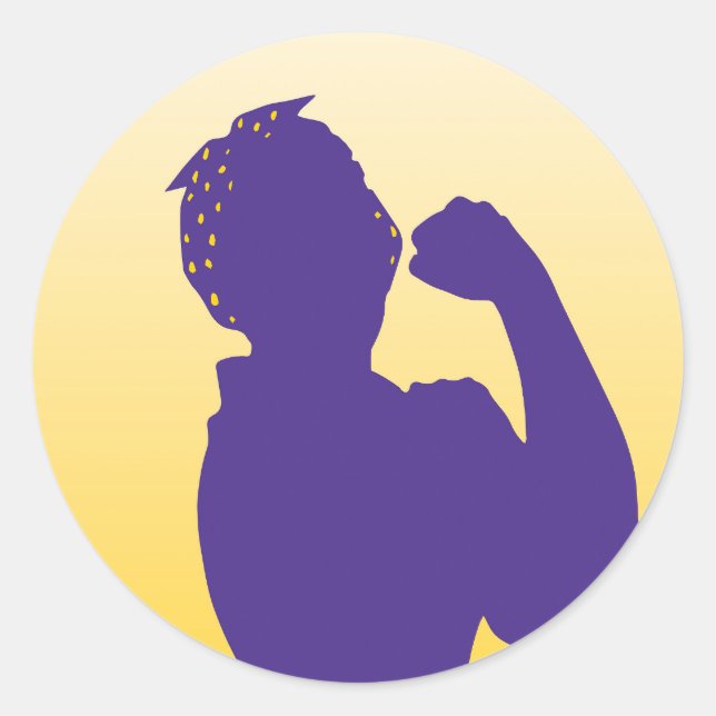 Rosie the Riveter in Purple and Gold Classic Round Sticker (Front)
