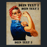 Rosie the Riveter - Yes We Can Poster<br><div class="desc">The most famous picture of Rosie the Riveter is "We Can Do It!" Poster by J. Howard Miller, showing a woman with a blue shirt, a red peel and a muscular arm that is poised for strength and determination. With 3 text lines for your own text</div>