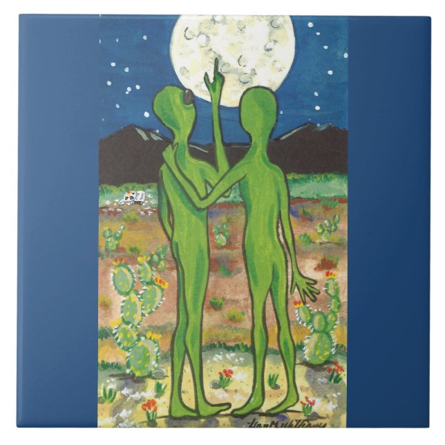 Roswell Alien Romatic Crashed UFO Funny Whimsical Tile (Front)