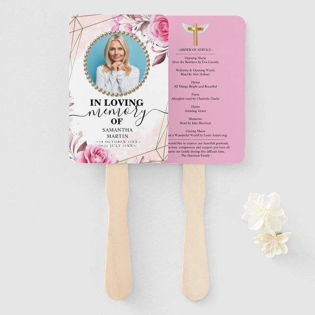 Rosy Blush Funeral Celebration of Life Hand Fan (Front and Back)