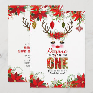 Rosy Cheeks Gold Eyes Floral Reindeer 1ST BIRTHDAY Invitation