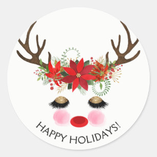 Rosy Cheeks Gold Eyes Floral Reindeer Holiday Classic Round Sticker