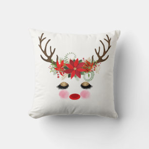 Rosy Cheeks Gold Eyes Floral Reindeer Holiday Cushion