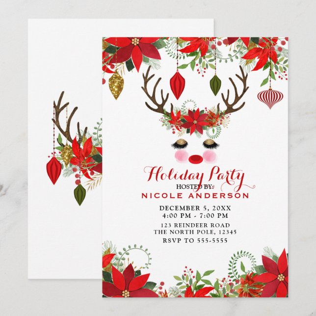 Rosy Cheeks Gold Eyes Floral Reindeer Holiday Invitation (Front/Back)