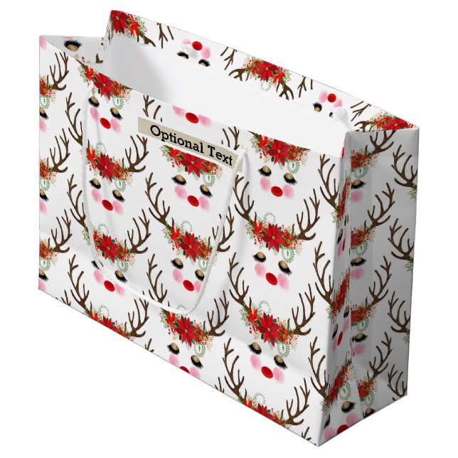 Rosy Cheeks Gold Eyes Floral Reindeer Holiday Large Gift Bag (Front Angled)