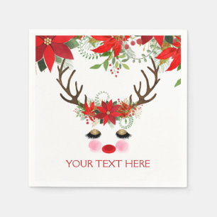 Rosy Cheeks Gold Eyes Floral Reindeer Holiday Napkin