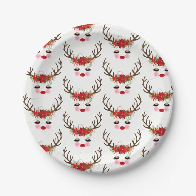 Rosy Cheeks Gold Eyes Floral Reindeer Holiday Paper Plate (Front)