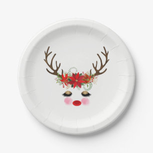 Rosy Cheeks Gold Eyes Floral Reindeer Holiday Paper Plate