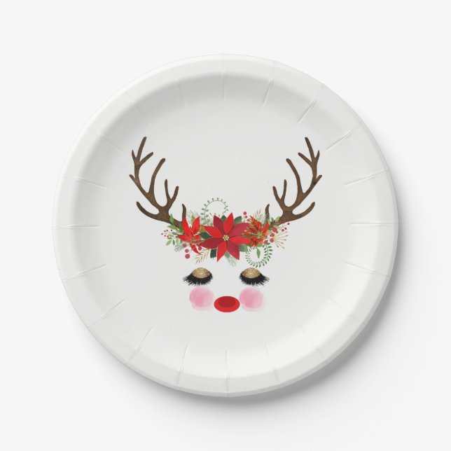 Rosy Cheeks Gold Eyes Floral Reindeer Holiday Paper Plate (Front)