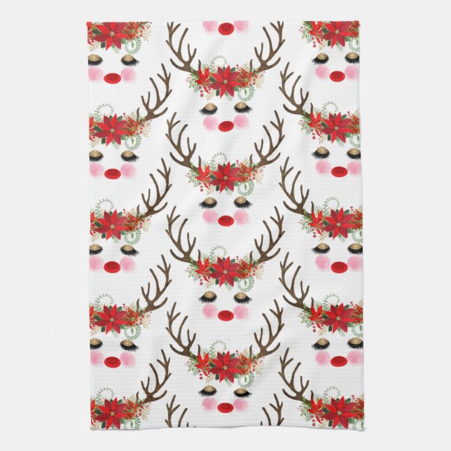 Rosy Cheeks Gold Eyes Floral Reindeer Holiday Tea Towel (Vertical)