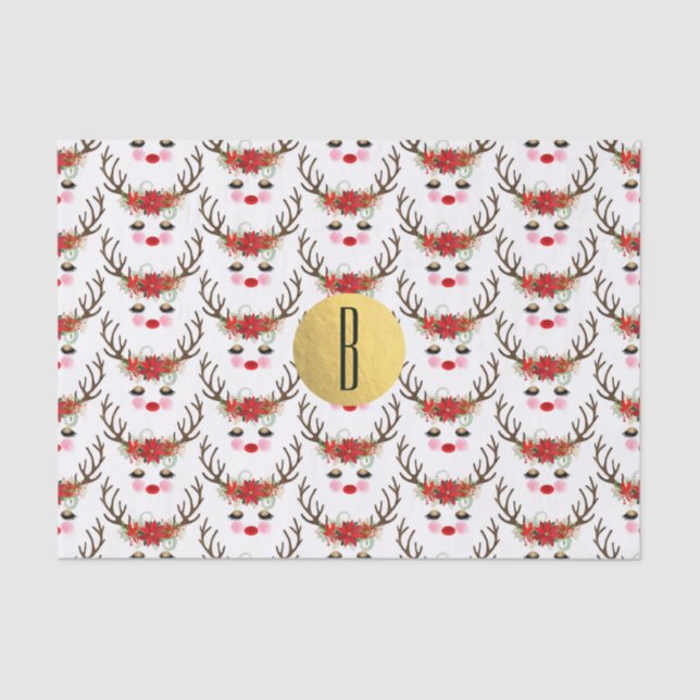 Rosy Cheeks Gold Eyes Floral Reindeer Holiday Tissue Paper (Front)