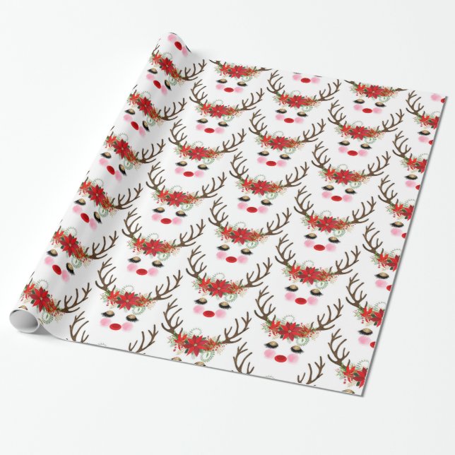 Rosy Cheeks Gold Eyes Floral Reindeer Holiday Wrapping Paper (Unrolled)