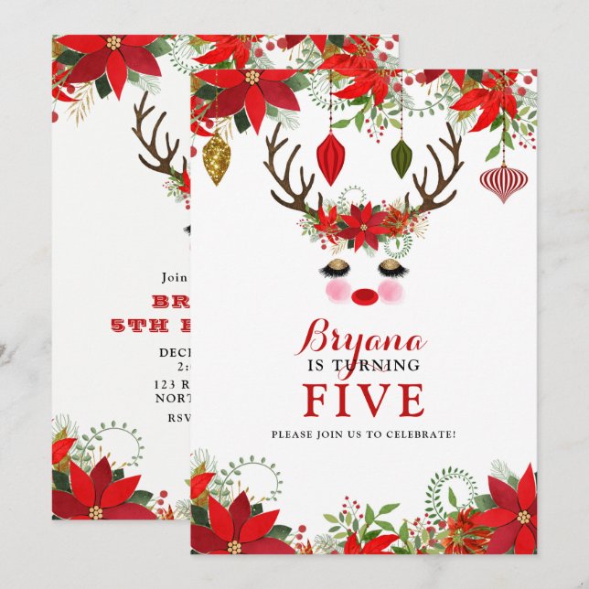 Rosy Cheeks Gold Eyes Reindeer BIRTHDAY PARTY Invitation (Front/Back)