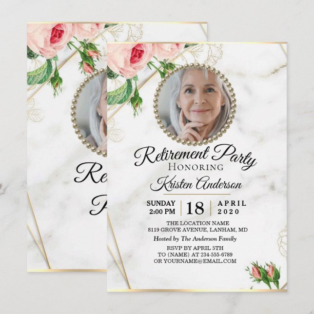 Rosy Marble Luxury Retirement Party Invitation (Front/Back)
