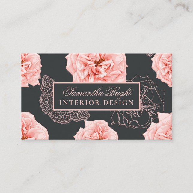 Rosy Modern Floral Butterfly Business Card (Front)