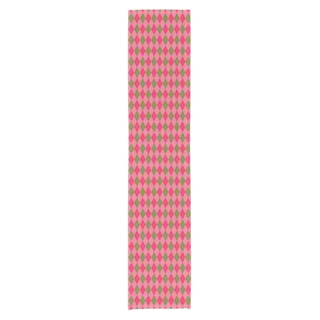 Rosy Pink and Green Diamond Argyle Pattern Short Table Runner (Front)