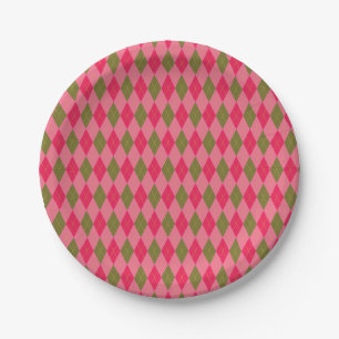Rosy Pink and Green Girlie Argyle Pattern Paper Plate