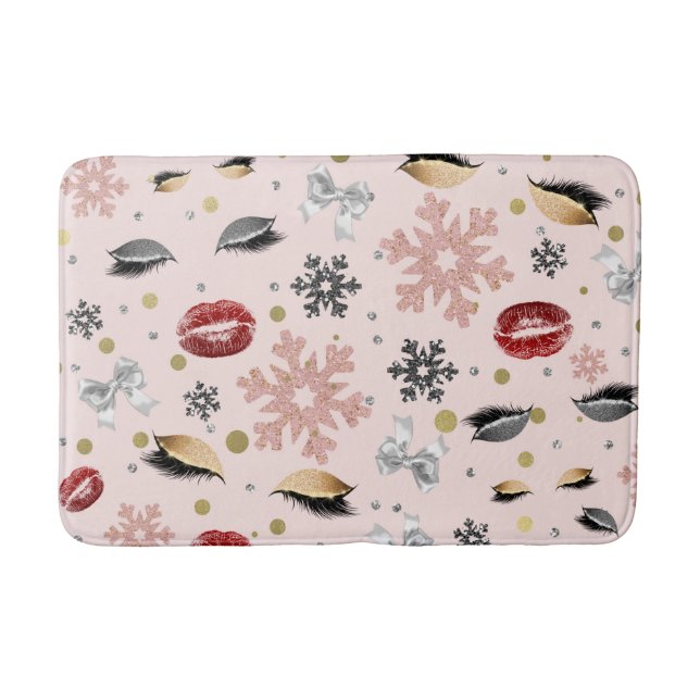 Rosy Pink Girly Beauty Makeup Holiday Christmas Bath Mat (Front)