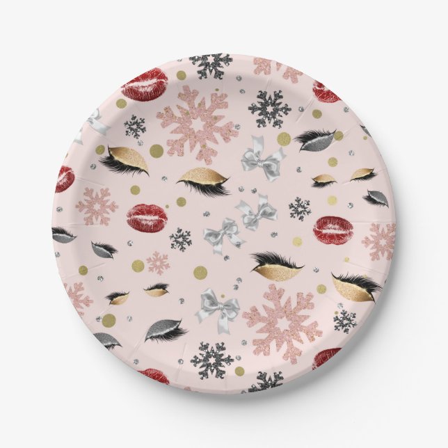 Rosy Pink Girly Beauty Makeup Holiday Christmas Paper Plate (Front)