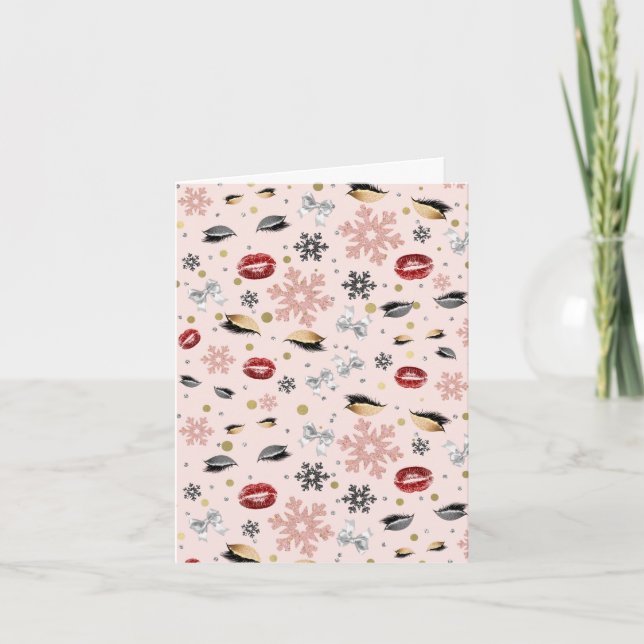 Rosy Pink Girly Beauty Makeup Holiday Christmas Thank You Card (Front)