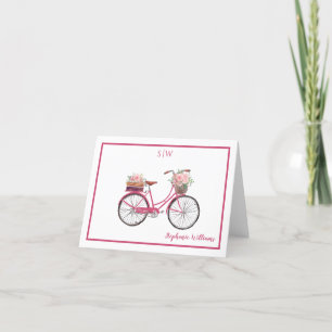 Rosy Pink Watercolor Floral Bicycle Monogram Thank You Card