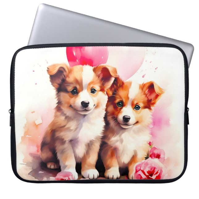 Rosy Puppy Love Watercolor Laptop Sleeve (Front)