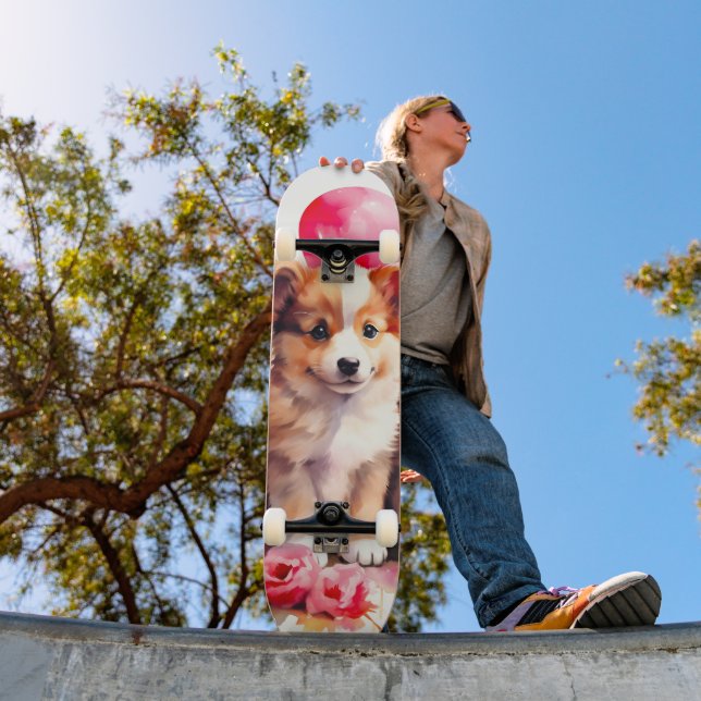 Rosy Puppy Love Watercolor Skateboard (Outdoor 1)
