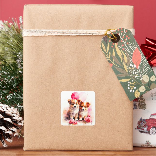 Rosy Puppy Love Watercolor Square Sticker (Holiday)
