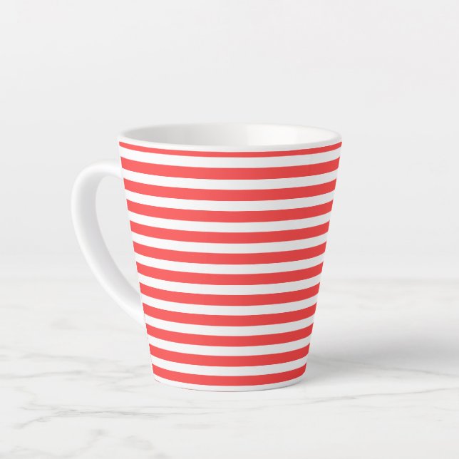 Rosy Red and White Simple Horizontal Striped Latte Mug (Left Angle)