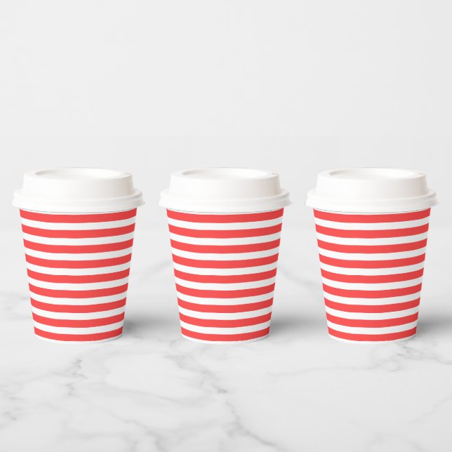 Rosy Red and White Simple Horizontal Striped Paper Cups (Multi)