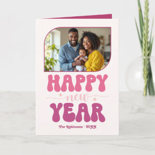 Rosy Revival Happy New Year Retro Groovy Photo Holiday Card