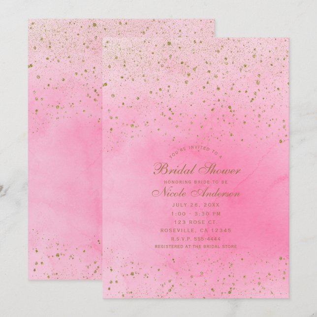Rosy Rose Pink & Gold Glitter Bridal Shower Invitation (Front/Back)