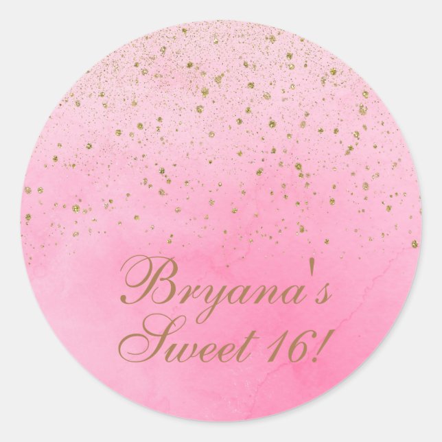Rosy Rose Pink & Gold Glitter Bridal Shower Party Classic Round Sticker (Front)