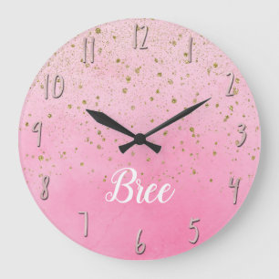 Rosy Rose Pink & Gold Glitter Glam Sparkly Chic Large Clock