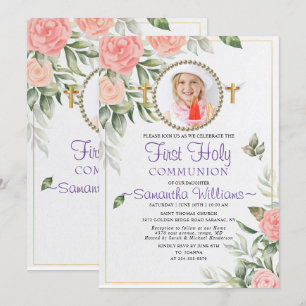 Rosy Watercolor Blush Floral First Communion Invitation