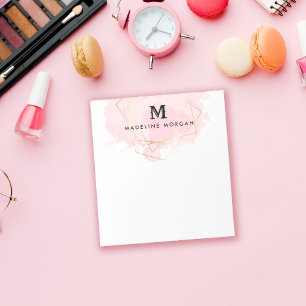 Rosy Watercolor Faux Gold Geometric Monogram Notepad