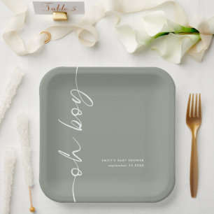 Rotated Calligraphy Name Sage Oh Boy Baby Shower Paper Plate
