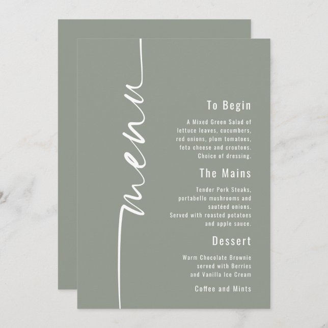 Rotated Calligraphy Sage Wedding Menu card (Front/Back)