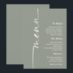 Rotated Calligraphy Sage Wedding Menu card<br><div class="desc">Rotated Calligraphy Sage Wedding Menu. Available digitally or printed. This modern design has Menu in elegant set script running up the left hand side and the rest of the text is aligned to the right which you can easily personalise. Text and background colours can be changed to any of your...</div>