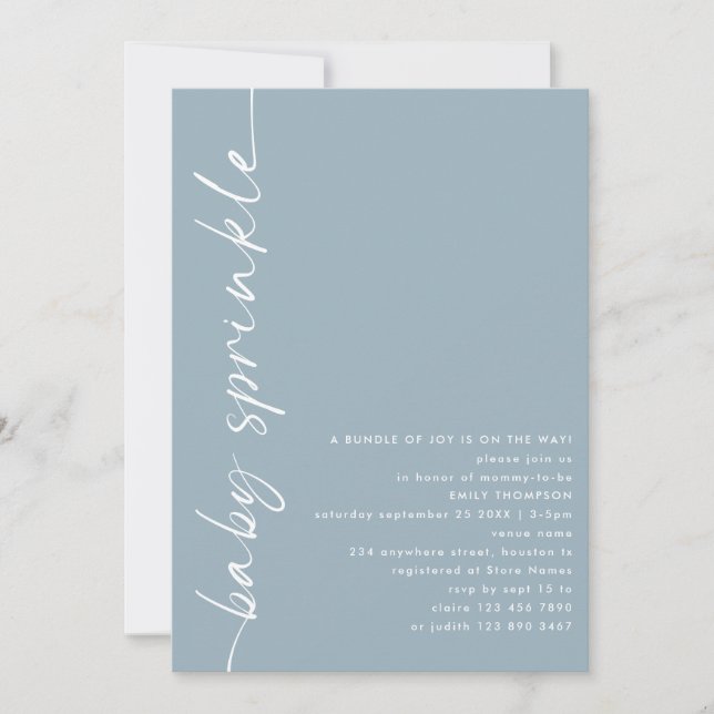 Rotated Script Dusty Blue Baby Shower Sprinkle Invitation (Front)