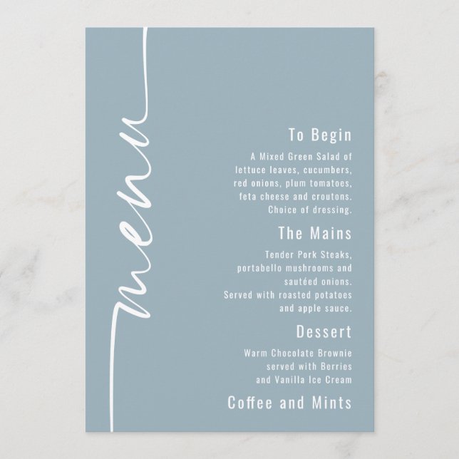 Rotated Text Dusty Blue Wedding Menu Card (Front)