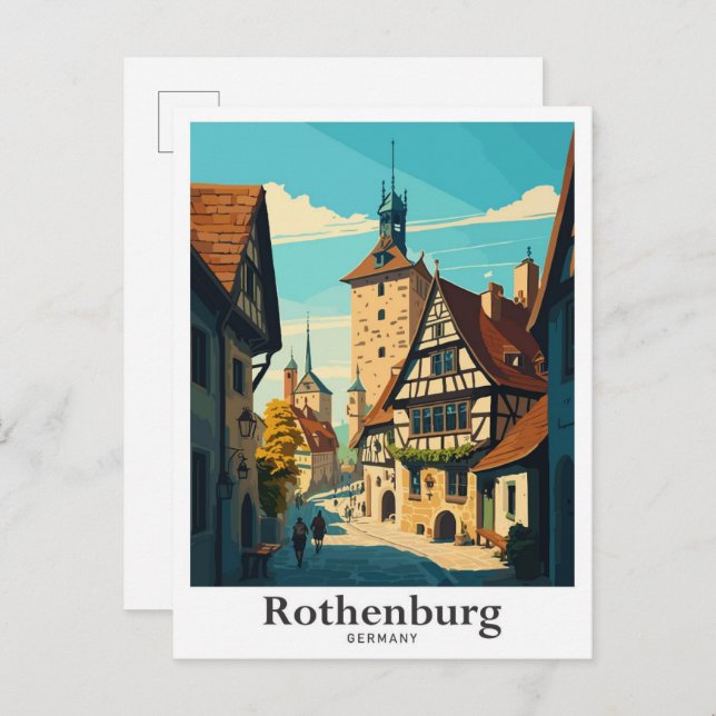 Rothenburg Germany Art Vintage Travel Illustration Postcard (Front/Back)