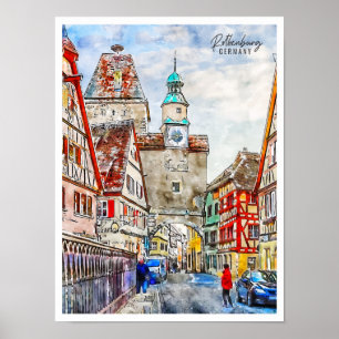 Rothenburg Germany vintage travel watercolor Poster