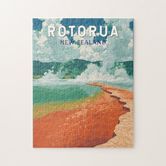 Rotorua New Zealand Illustration Travel Art Retro Jigsaw Puzzle (Vertical)